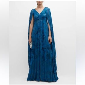 Rene Ruiz Burn Out Cape Sleeve Silk Gown
